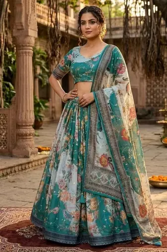 Blue silk blend Lehenga Choli with Embroidery & Printed Work