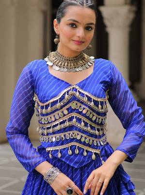 Blue Laheriya Free Size Stitched Navratri Lehenga Choli with Gota Patti & Mirro Work 2