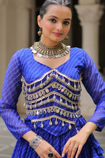 Blue Laheriya Free Size Stitched Navratri Lehenga Choli with Gota Patti & Mirro Work