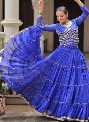 Blue Laheriya Free Size Stitched Navratri Lehenga Choli with Gota Patti & Mirro Work 3