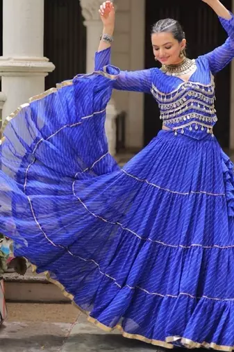 Blue Laheriya Free Size Stitched Navratri Lehenga Choli with Gota Patti & Mirro Work