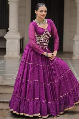 Purple Laheriya Free Size Stitched Navratri Lehenga Choli with Gota Patti & Mirro Work