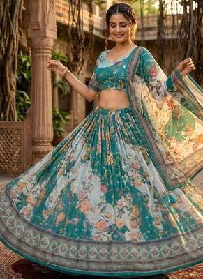 Blue silk blend Lehenga Choli with Embroidery & Printed Work 3