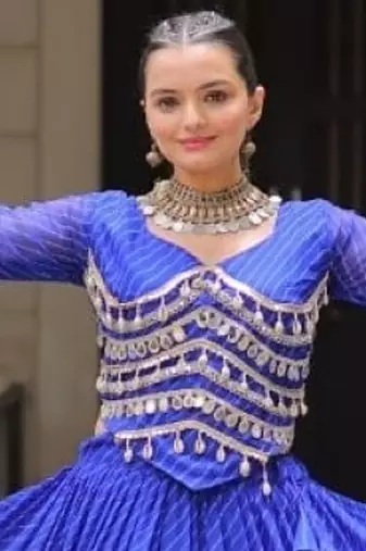 Blue Laheriya Free Size Stitched Navratri Lehenga Choli with Gota Patti & Mirro Work