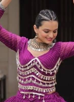 Purple Laheriya Free Size Stitched Navratri Lehenga Choli with Gota Patti & Mirro Work 4