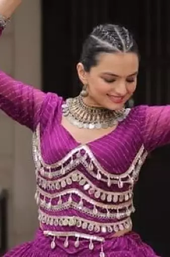 Purple Laheriya Free Size Stitched Navratri Lehenga Choli with Gota Patti & Mirro Work