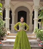 Green Laheriya Free Size Stitched Navratri Lehenga Choli with Gota Patti & Mirro Work
