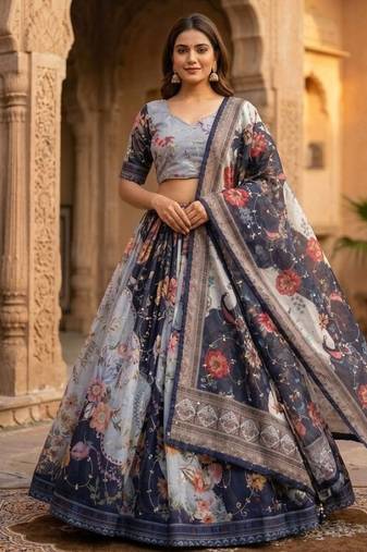 Grey Silk Semi Stitched Lehenga Choli with Embroidery & Printed Work