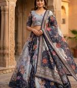 Grey silk blend Lehenga Choli with Embroidery & Printed Work