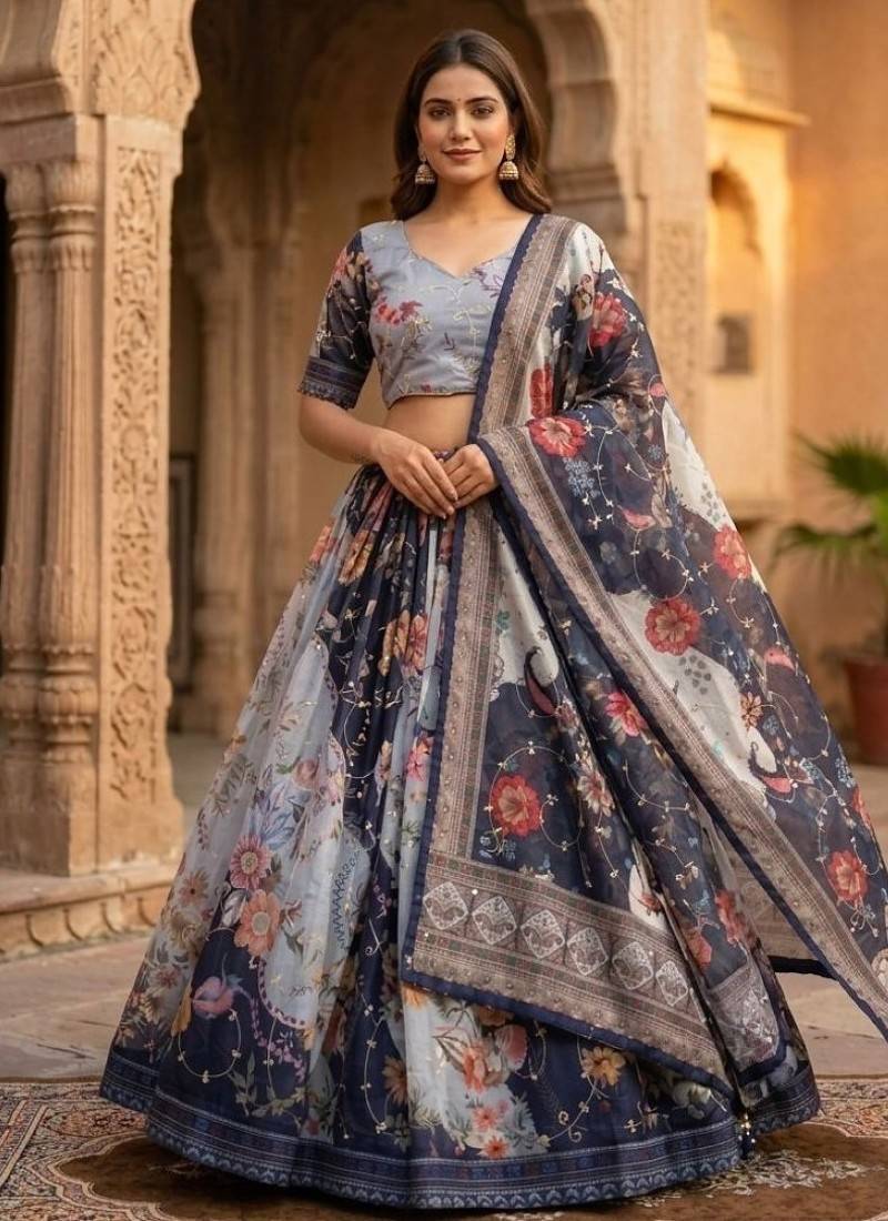 Grey silk blend Lehenga Choli with Embroidery & Printed Work
