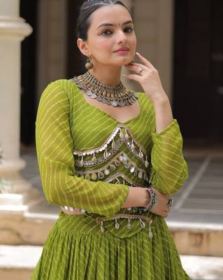 Green Laheriya Free Size Stitched Navratri Lehenga Choli with Gota Patti & Mirro Work 2