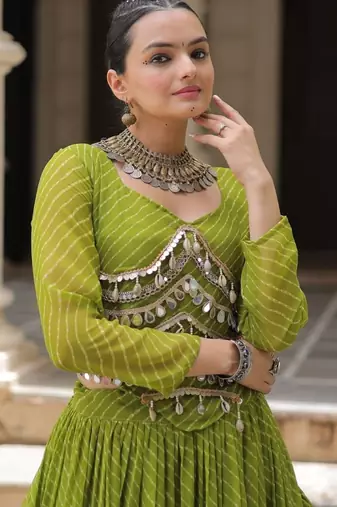 Green Laheriya Free Size Stitched Navratri Lehenga Choli with Gota Patti & Mirro Work