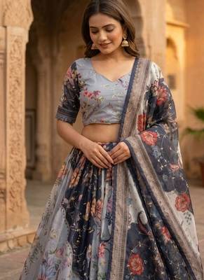 Grey silk blend Lehenga Choli with Embroidery & Printed Work 2
