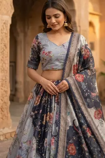 Grey silk blend Lehenga Choli with Embroidery & Printed Work