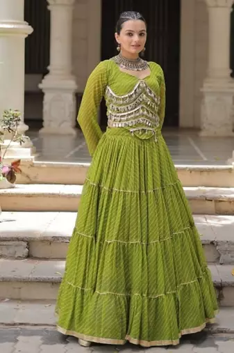 Green Laheriya Free Size Stitched Navratri Lehenga Choli with Gota Patti & Mirro Work