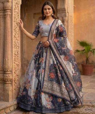 Grey silk blend Lehenga Choli with Embroidery & Printed Work 3