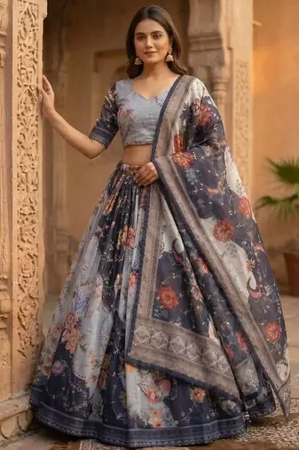 Grey silk blend Lehenga Choli with Embroidery & Printed Work