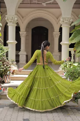 Green Laheriya Free Size Stitched Navratri Lehenga Choli with Gota Patti & Mirro Work