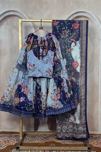 Grey silk blend Lehenga Choli with Embroidery & Printed Work