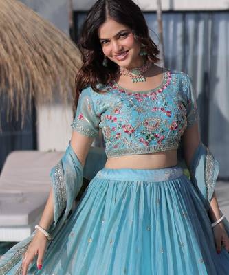 Sky-Blue silk blend Lehenga Choli with Multi Thread Embroidery Work 1