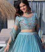 Sky-Blue silk blend Lehenga Choli with Multi Thread Embroidery Work