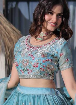 Sky-Blue silk blend Lehenga Choli with Multi Thread Embroidery Work 2