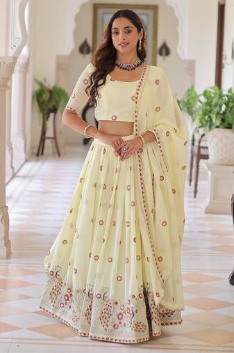 Off-White Silk Semi Stitched Lehenga Choli with Thread Embroidery & Zari Work