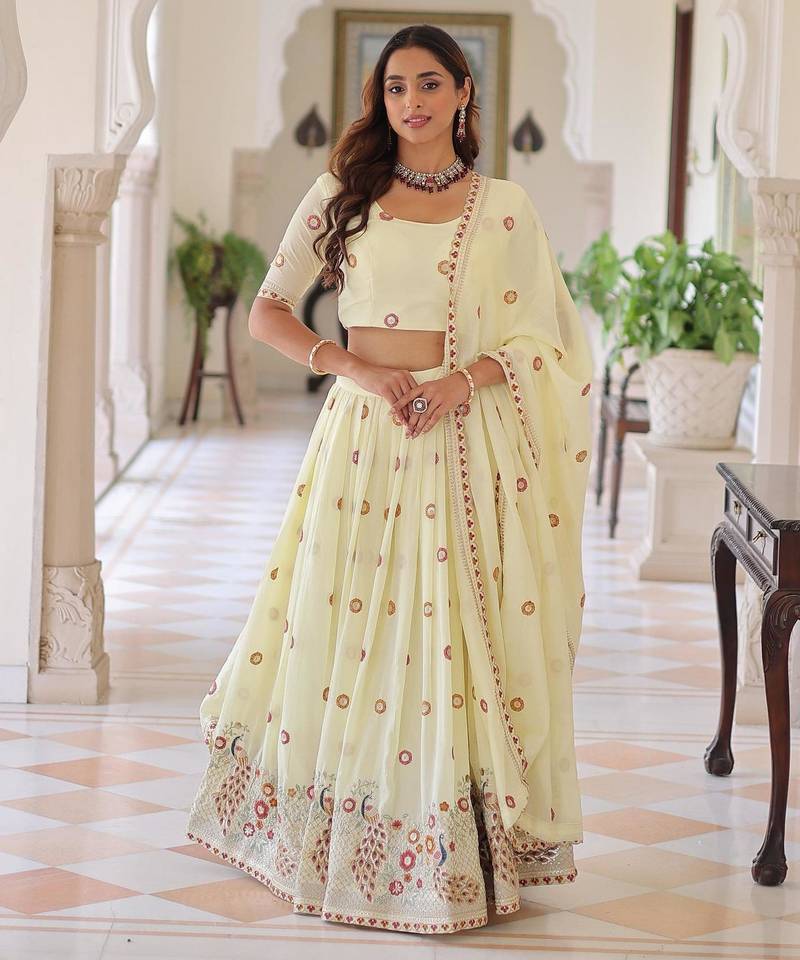 Off-White silk blend Lehenga Choli with Thread Embroidery & Zari Work