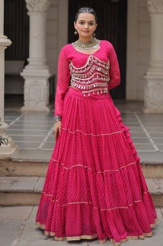 Pink Laheriya Free Size Stitched Navratri Lehenga Choli with Gota Patti & Mirro Work