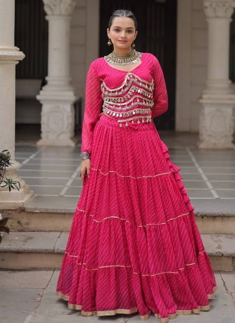 Pink Laheriya Free Size Stitched Navratri Lehenga Choli with Gota Patti & Mirro Work
