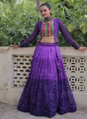 Purple Bandhani Free Size Stitched Navratri Lehenga Choli with Kutchi Gamthi Patche work 1