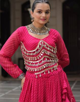 Pink Laheriya Free Size Stitched Navratri Lehenga Choli with Gota Patti & Mirro Work 2