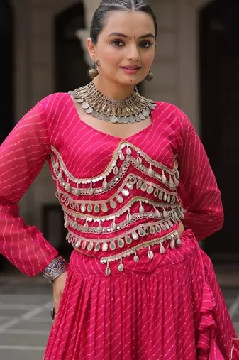 Pink Laheriya Free Size Stitched Navratri Lehenga Choli with Gota Patti & Mirro Work