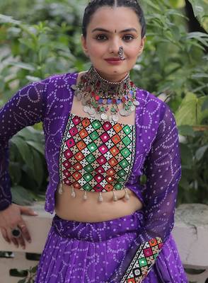 Purple Bandhani Free Size Stitched Navratri Lehenga Choli with Kutchi Gamthi Patche work 2