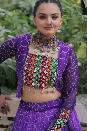 Purple Bandhani Free Size Stitched Navratri Lehenga Choli with Kutchi Gamthi Patche work