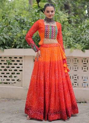 Orange Bandhani Free Size Stitched Navratri Lehenga Choli with Kutchi Gamthi Patche work 1