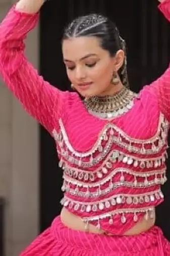 Pink Laheriya Free Size Stitched Navratri Lehenga Choli with Gota Patti & Mirro Work
