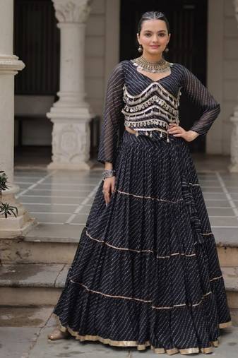 Black Laheriya Free Size Stitched Navratri Lehenga Choli with Gota Patti & Mirro Work
