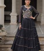 Black Laheriya Free Size Stitched Navratri Lehenga Choli with Gota Patti & Mirro Work