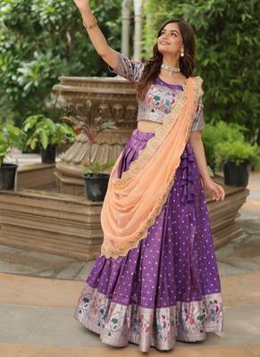 Violet Silk Semi Stitched Lehenga Choli with Meena Weaving Work 1