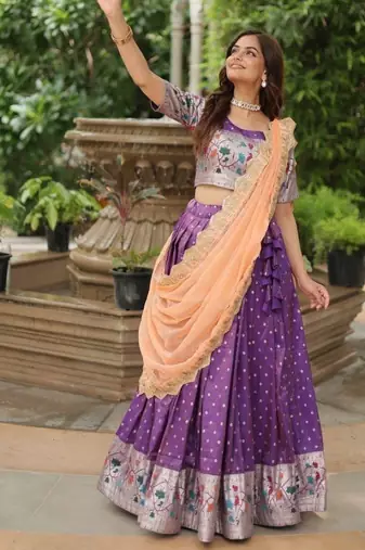 Violet Silk Semi Stitched Lehenga Choli with Meena Weaving Work