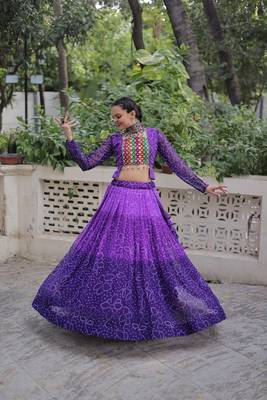 Purple Bandhani Free Size Stitched Navratri Lehenga Choli with Kutchi Gamthi Patche work 3