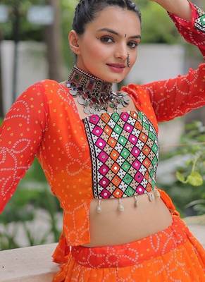 Orange Bandhani Free Size Stitched Navratri Lehenga Choli with Kutchi Gamthi Patche work 2