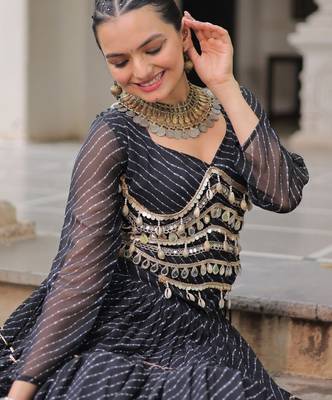 Black Laheriya Free Size Stitched Navratri Lehenga Choli with Gota Patti & Mirro Work 2