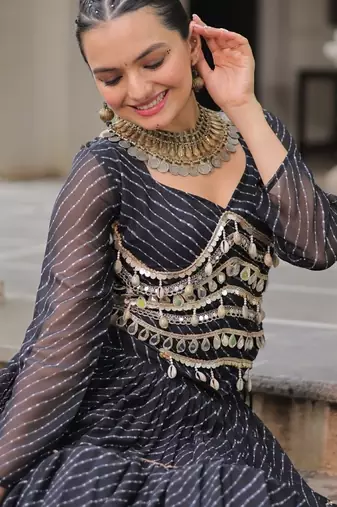 Black Laheriya Free Size Stitched Navratri Lehenga Choli with Gota Patti & Mirro Work