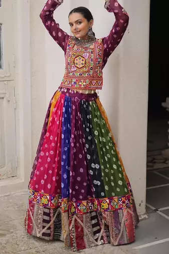 Multicolor Georgette Free Size Stitched Navratri Lehenga Choli with Kutchi Gamthi Work