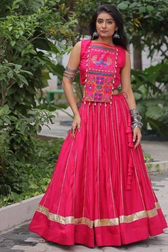 Red Cotton Readymade Stitched Navratri Lehenga Choli with Gota Patti & Mirro Work