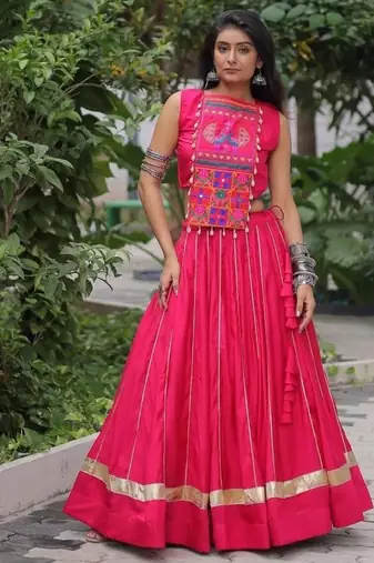 Red Cotton Free Size Stitched Navratri Lehenga Choli with Gota Patti & Mirro Work