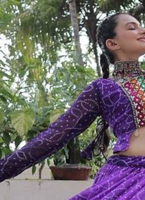 Purple Bandhani Free Size Stitched Navratri Lehenga Choli with Kutchi Gamthi Patche work 4