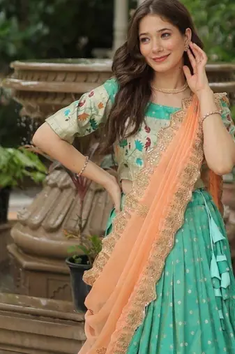 Blue silk blend Lehenga Choli with Meena Weaving Work